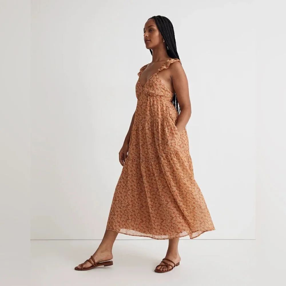 Madewell NWT Georgette Ruffle-Sleeve Tiered Midi Dress in Faded Sunset Size 6
